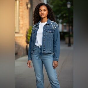 Pearl-Embellished Blue Denim Jacket